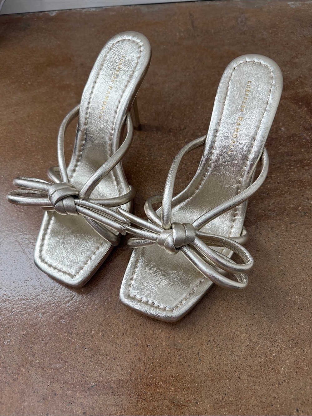 Loeffler Randall Margi Gold Metallic Leather Bow Heeled Sandals Size 9B